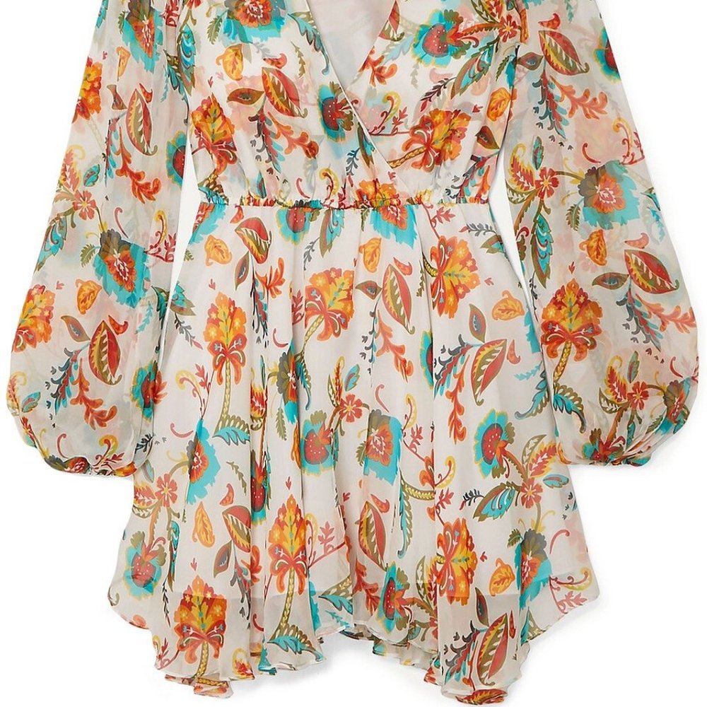 CAROLINE CONSTAS Olena White Multi Floral-Print Silk-Chiffon Mini Dress - Size S